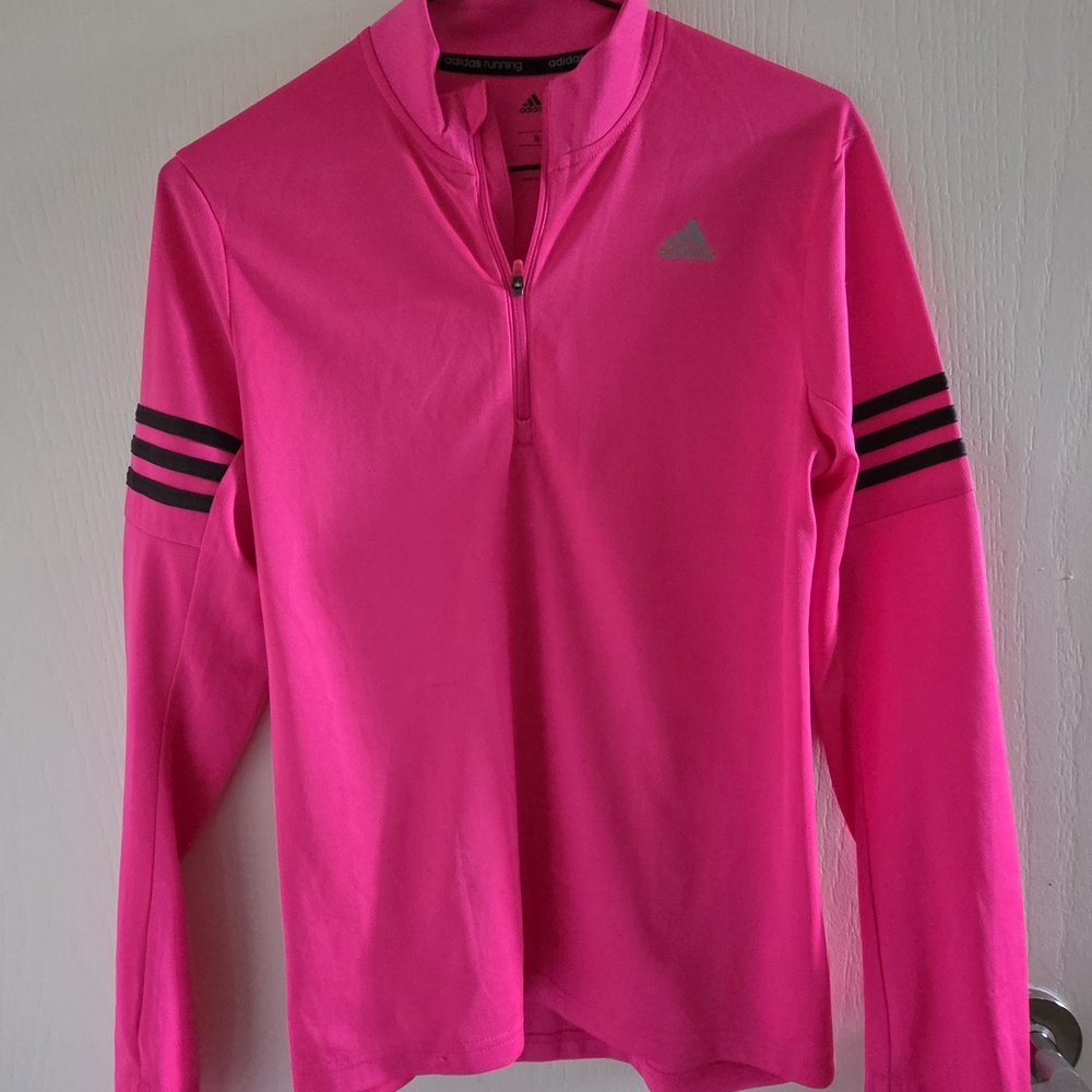 Adidas Bright Pink Half-Zip Top with Black Stripes